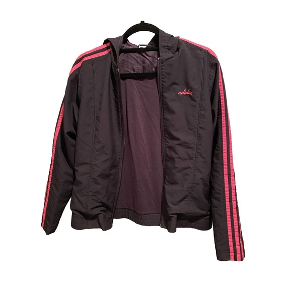 Adidas Windbreaker Hooded Full Zip Waterproof Navy/ Pink Strip Women’s Size L - Picture 4 of 6